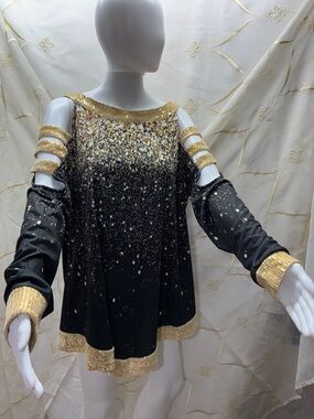 Black & Gold Sequin Trim Cold-Shoulder Tunic